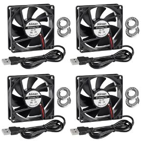 Alinan 4pcs 8025 80mm x 25mm 5V USB Dual Ball Bearings Brushless Fan 2Pin DC Cooling Exhaust Fan for Radiator DIY Air Exhaust Vent Cooling