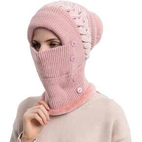 Women Winter Beanie Hats One-Piece Fleece Lined Knit Balaclavas Mask Set Skull Neck Circle Scarf Ski Snow Hat Cap with Pompom