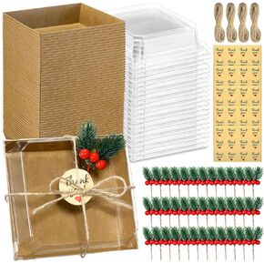 Baderke 50 Pack Small Charcuterie Boxes with Clear Lids Christmas Pine Cone Picks Decorations Thank You Heart Sticker and Twine Ropes Disposable Food Containers for Christmas Halloween Party Supplies