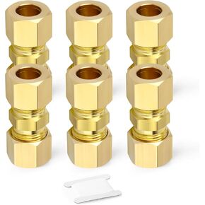 6PCS 1/2" x 1/2" Tube OD Coupler, Brass Compression Tube Pipe Fitting Connector for Air/Fuel/Water/Gas/Oil