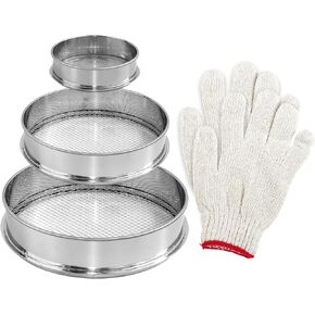 3PCS Soil Sifter Set with 6mm, 3mm, 0.8mm Mesh, Stainless Steel Garden Sieve Fine Mesh Soil Sieve Metal Dirt Strainer with Gloves for Gardening Sand Soil Compost