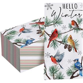 100 PCS Hello Winter Birds Paper Napkins, Pine Needle Branch Hand Towels Decorative Disposable Dinner Guest Napkins, Christmas Seasonal Snowflake Kitchen Dinning Table Party Decor 8 x 4 Inch