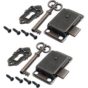 Bivethoi 2 Sets Skeleton Key Lock Furniture Decorative Antique Bronze Cabinet Vintage Lock with Key and Screws, Red Antique Brass