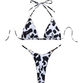 WDIRARA Women's 2 Pieces Cow Print Bikini Set Halter Swimsuit High Cut Bathing Suit