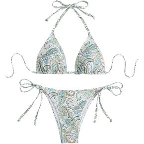 GORGLITTER Women's High Cut Thong Bikini Set Boho Graphic Halter Triangle Top Swimsuit Bathing Suit