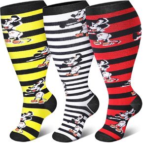 3 Pairs Plus Size Compression Socks for Wide Calf Women Extra Large Calves Leg Men Graduated Compr Stockings Medias Sock for Travel Flight Teachers Sport Athletic Mice White Red Yellow