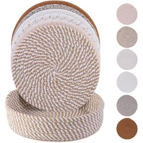 8 Inch Trivets for Hot Dishes, Pot Holders for Kitchen, 6 Pcs Heat Resistant Hot Pads with Storage Basket, Hot Plate Mats for Kitchen Countertops, Table, Home Essentials, Farmhouse Decor (Brown)