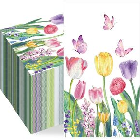50 PCS Spring Floral Paper Napkins Tulip Guest Napkins Disposable Watercolor Flower Dinner Party Napkins Floral Decorative Hand Towel for Bathroom Bridal Shower Wedding Birthday Dinner Party Supplies