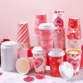 Funtery 60 Set Valentine's Day Disposable Cups with Lids 12 oz Pink Paper Beverage Cups Hearts Hot Chocolate Cocoa Hot Tea container Coffee Bar Essentials for Valentine's Day Christmas Party Supplies
