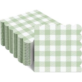 120 Pcs Green Gingham Napkins, Disposable Baby Shower Sage Green Napkins Scalloped Green Cocktail Napkins Paper Plaid Napkins for Summer Picnic, Barbecue, Baby & Bridal Shower,5 x 5 Inches