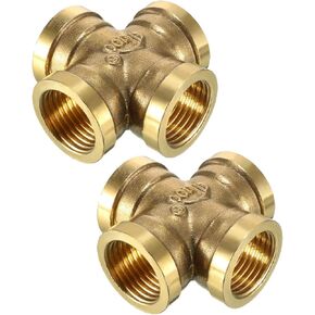 uxcell Brass Cross Pipe Fitting 1/2 PT Female Thread 4 Way Connector 2pcs