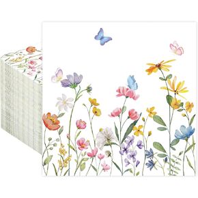 100 PCS Wildflower Cocktail Napkins Disposable Spring Floral Party Napkins 3-Ply Spring Flower Butterfly Paper Napkins for Wedding Bridal Baby Shower Birthday Tea Party Supplies