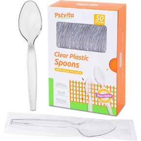 Disposable Plastic Spoons Clear, Pack of 50 Individually Wrapped