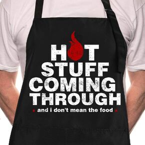 Rosoz Funny BBQ Black Chef Aprons for Men, Hot Stuff Coming Through, Adjustable Kitchen Cooking Aprons with Pocket Waterproof Oil Proof Valentine's Day/Birthday