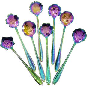 Flower Spoon Set - 8pcs DGQ Teaspoon Coffee Spoon Rainbow Color for Coffee Tea Mixing Ice Cream Dessert - 8 Diffient Pattern Colorful Mini Cutlery Set