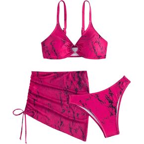 OYOANGLE Women's 3 Piece Bikini Swimsuit Tie Dye Ring Linked Bathing Suit with Cover Up Beach Skirt in Kuwait