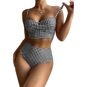 SOLY HUX Women's Bikini Sets Plaid Twist Front High Waisted Bathing Suit Two Piece Swimsuit