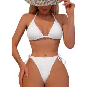 MakeMeChic Women's 2 Piece Halter Triangle Bikini Sets Textured Swimsuit Tie Side High Cut Bathing Suit in Kuwait