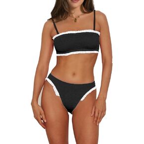 HYPERFIRE Women's Bandeau Bikini Set Ribbed Cheeky High Cut Two Piece Swimsuit