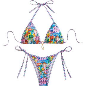 MakeMeChic Women's 2 Piece Bikini Sets Graphic Print Tie Back Halter Swimsuit Bathing Suit