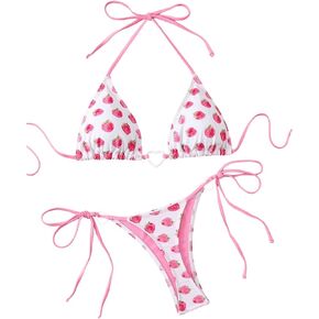 GORGLITTER Women's Strawberry Bikini Set 2 Piece Heart Ring Backless Triangle Bra High Waisted Thong Swimsuit 2025