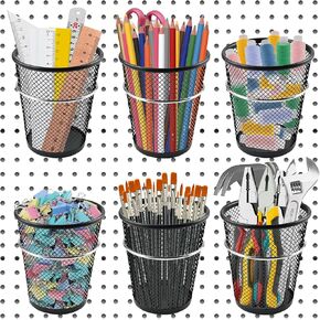 6 Set Pegboard Cups with Ring Hooks, Metal Pegboard Bins, Pegboard Cup Holder Pegboard Hooks for 1/4" Peg Board, Pegboard Accessories for Organizing Storage