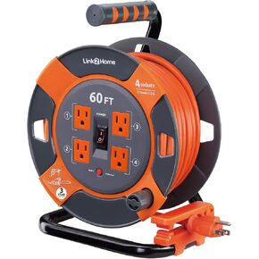 Link2Home Cord Reel 60 ft. Extension Cord 4 Power Outlets – 14 AWG SJTW Cable. Heavy Duty High Visibility Power Cord.