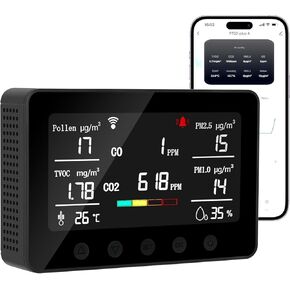 8in1 Multifunctional Indoor Air Quality Detectors [ Pollen/CO / CO2 /TVOC / PM2.5 / PM1.0 / Humidity/Temperature] Carbon Monoxide Detector WiFi App Control Wall-Mounted Home Office (Black)