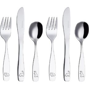 Exzact Kids Flatware 6 Pieces Stainless Steel Children Silverware 2 x Forks, 2 x Knives, 2 x Spoons,Toddler Utensils, Dishwasher Safe, 24 Months+ (Dinosaurs Engraved)