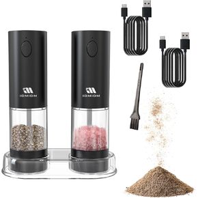 Electric Salt and Pepper Grinder Set Rechargeable Salt and Pepper Mills with Storage Base, Adjustable Coarseness and White LED Light, One Hand Operation Black(2 Pack)