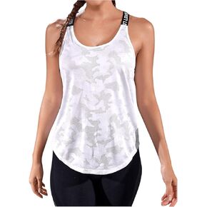 OYOANGLE Women's Camo Print Open Back Workout Tank Tops Letter Patched Sleeveless Athletic Shirts Gym Fitness Top