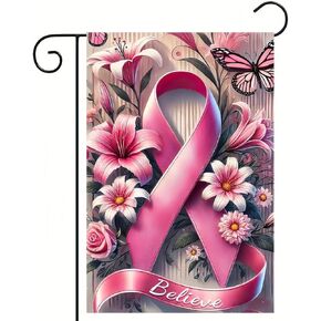 Breast Cancer Awareness Inspirational Garden Flag 12x18 Double Sided Pink Ribbon Decorative Flags Breast Cancer Yard Flag Support Peace Hope Flag for Lawn Patio Yard Banner