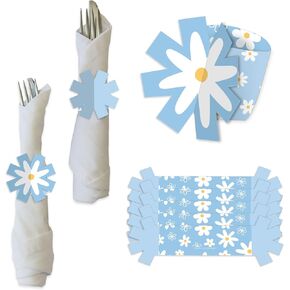 Big Dot of Happiness Blue Daisy Flowers - Floral Party Paper Napkin Holder - Napkin Rings - Set of 24