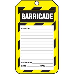 Accuform TAB107CTP Barricade Status Tag, Legend Barricade, 5.75" Length x 3.25" Width x 0.010" Thickness, PF-Cardstock, Yellow/Black/White (Pack of 25)