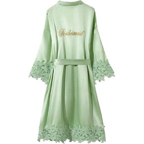 North Bund Women's Bride Bridesmaid Silky Robes with Lace Trim Bridal Embroidery Bathrobe for Wedding Party Sleepwear