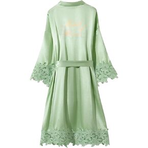 North Bund Women's Bride Bridesmaid Silky Robes with Lace Trim Bridal Embroidery Bathrobe for Wedding Party Sleepwear