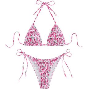 WDIRARA Women's Floral Print Smocked Triangle Bikini Set Tie Side Swimsuit Bathing Suit