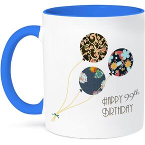 3dRose mug_162040_6 "Happy 99Th Birthday Modern Stylish Floral Balloons. Elegant black Brown Blue" Two Tone Blue Mug, 11 oz, Blue/White