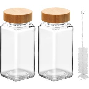 2Pcs 4oz Glass Spice Jars with Shaker Lids, Spice Jars Trial Set & Supplement Set, Empty Spice Containers and Square Spice Bottles for Kitchen (Bamboo Lids)