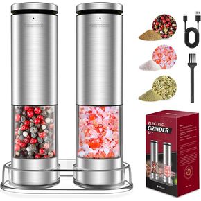 Stainless Steel Rechargeable Lighted Electric Salt and Pepper Grinder Set with Adjustable Coarseness,One Hand Operation Automatic Salt and Pepper Mill Grinder Shakers,2 Packs