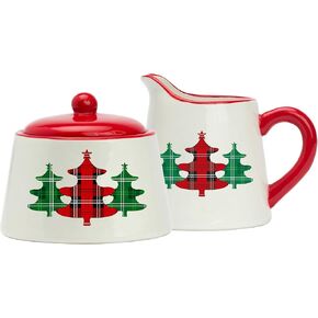 Amici Home Christmas Tree Sugar & Creamer Set - 8oz Ceramic Creamer Pitcher with Drip-Free Spout & Sugar Bowl with Lid, Dishwasher Safe - Holiday Plaid Xmas Tree, Vintage Sugar & Creamer Set
