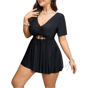 MakeMeChic Women's Plus Size One Piece Swimsuit V Neck Cut Out Tie Back Swim Dress Bathing Suits