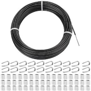TooTaci 1/8 Black Vinyl Coated Stainless Steel Cable, 100FT Wire Rope with Loops Sleeve and Thimble, 7x7 Strand Core Metal Wire, 1/8 Steel Cable for String Light, Shade Sail, Clothesline, Curtain Wire