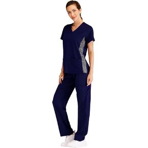 Minty Mint Women’s V Neck Stretch Scrub Set W Side Planels Indigo S