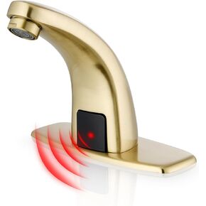 Touchless Bathroom Sink Faucets Automatic Motion Sensor Hands Free Faucet for Bath Gold Kit with Hole Cover Plate, Brushed