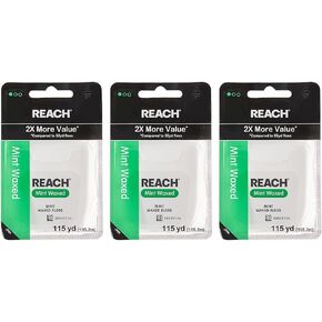 REACH Waxed Dental Floss, 115yd 3 Pack, 2X More Value, Mint, PFAS-Free, Plaque Remover, Shred Resistant, Gentle on Gums & Teeth, Oral Care, for Adults & Kids, Oral Care