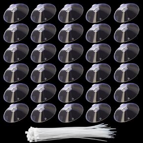 OIIKI 30 PCS 35mm Strong Suction Cups with 50 PCS Zip Ties, Rubber Anti-Collision Sucker Pads Without Hooks, Suction Cups for Glass Table Tops, Fish Tank, Kitchen Furniture - Clear