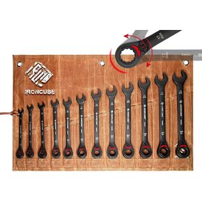 Reversible Ratcheting Wrench Set: 12-Piece Metric 8-19mm - Tough Black - Wax Canvas Storage Bag - Automotive and Motorcycle Repair Tools