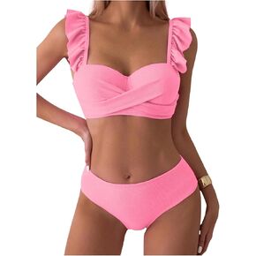 MakeMeChic Women's 2 Piece Bikini Sets Criss Cross Ruffle Trim Rib Knitted Beach Swimsuit High Waisted Bathing Suit