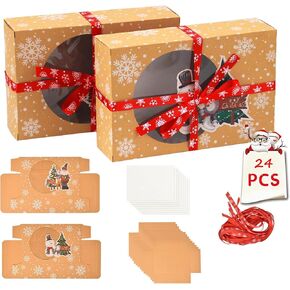MACLARONX 24 Pcs Christmas Cookie Boxes for Gift Giving Kraft Cupcake Box with Window Food Bakery Candy Packaging Containers Festival Bulk